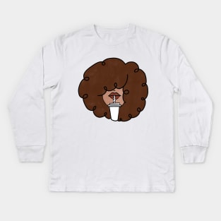 Pepette with a straw Beautiful Black Woman Drinking in a Travel Mug Cute Coffee Dates Coffee Espresso Cappuccino Latte Macchiato Coffee with Milk Cute Black Woman with Afro Hair Natural Hair Curly Hair Perfect Coffee Lover Gift for African American Kids Long Sleeve T-Shirt